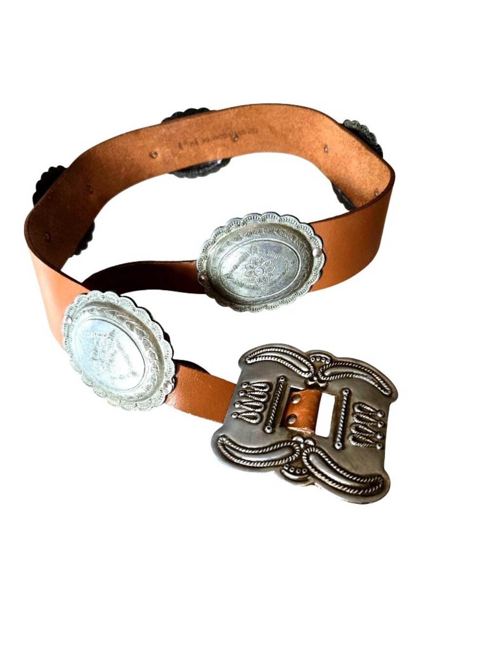 Vintage Western Leather Concho Silver-Tone Buckle & Floral Engraved Metal